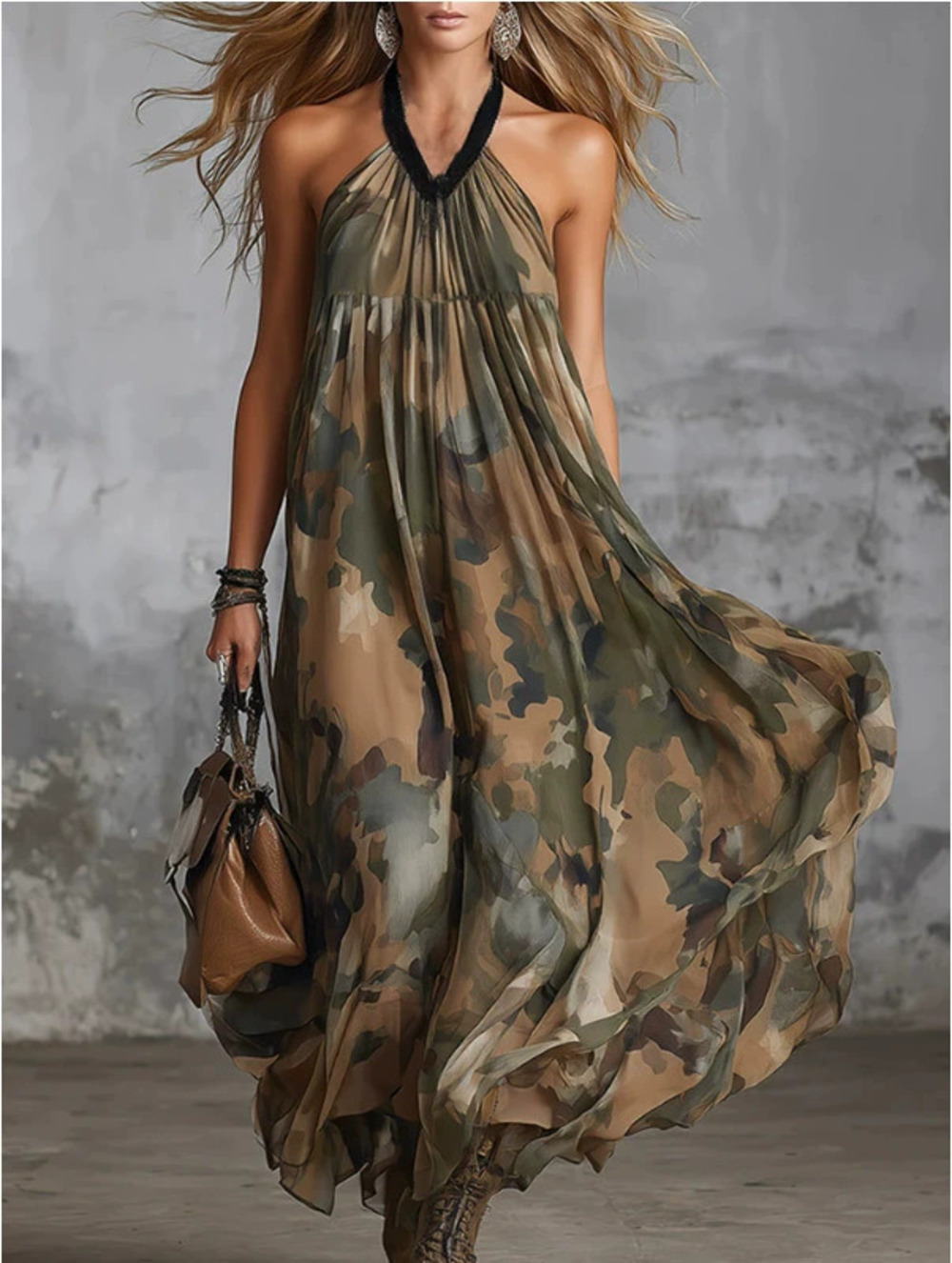 Elegant Green Camouflage Print Backless Low Cut Long Dress